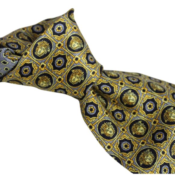 GIANNI VERSACE Rare Vintage, Medusa Print Gold, Grey & Black Neck Tie 3.75" Wide - Picture 2 of 8